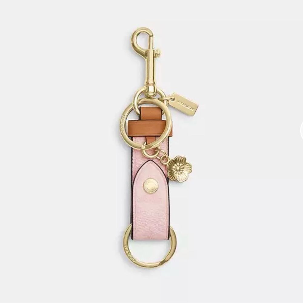 Coach Powder Pink Trigger Snap Bag Charm In Signature Canvas With Flower Charm